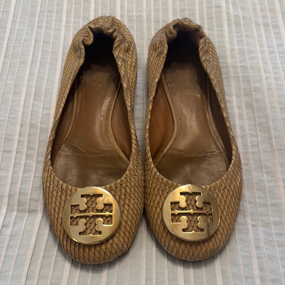 Tory Burch Tan Woven Flats with Gold Logo